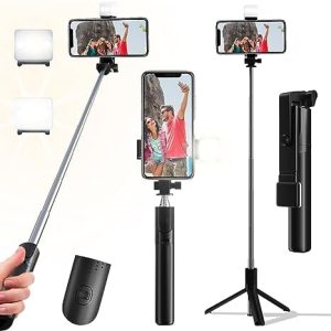 Selfie Stick, 40 in Retractable Phone Tripod with Wireless Remote Control & Light, Portable Selfie Stick Tripod for Photograph, Live Streaming, Video Recording, Compatible with All Cellphones