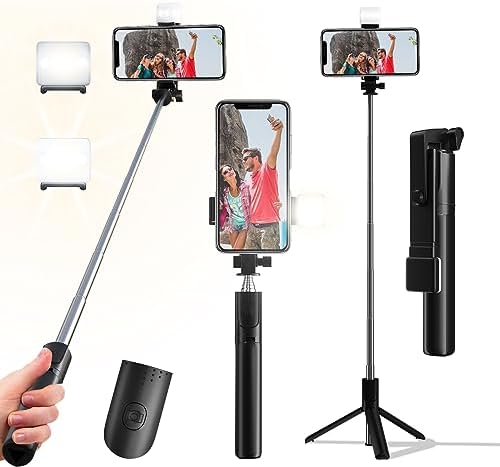 Selfie Stick, 40 in Retractable Phone Tripod with Wireless Remote Control & Light, Portable Selfie Stick Tripod for Photograph, Live Streaming, Video Recording, Compatible with All Cellphones