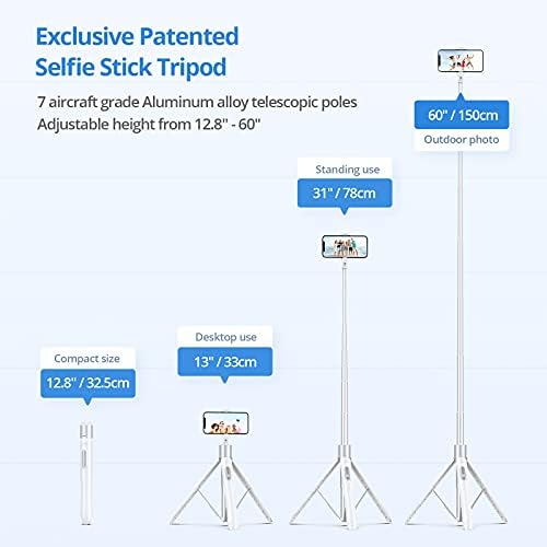ATUMTEK 60" Selfie Stick Tripod, All in One Extendable Phone Tripod Stand with Bluetooth Remote 360° Rotation for iPhone and Android Phone Selfies, Video Recording, Vlogging, Live Streaming, White - Image 2