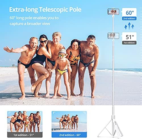 ATUMTEK 60" Selfie Stick Tripod, All in One Extendable Phone Tripod Stand with Bluetooth Remote 360° Rotation for iPhone and Android Phone Selfies, Video Recording, Vlogging, Live Streaming, White - Image 4
