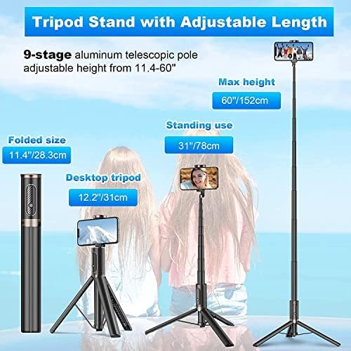 TONEOF 60" Cell Phone Selfie Stick Tripod,Smartphone Tripod Stand All-in-1 with Integrated Wireless Remote,Portable,Lightweight,Extendable Phone Tripod for 4''-7'' iPhone and Android(Black) - Image 3